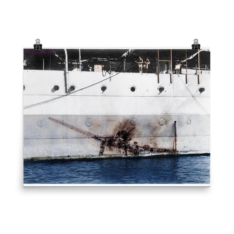 Imprint of a Mitsubishi Kamikaze Zero on H.M.S Sussex, 1945 poster on a plain backdrop in size 8