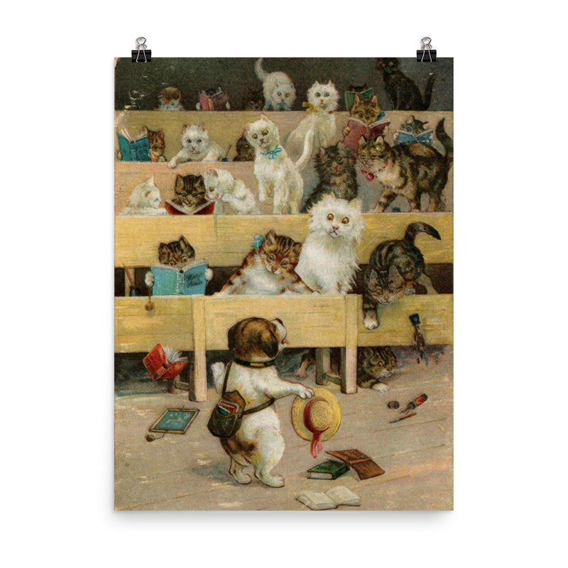 In the Wrong Class by Louis Wain poster on a plain backdrop in size 8