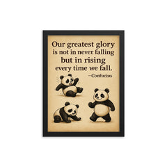 inspiring quote clumsy panda rising after falling framed print on a plain backdrop in size 12"x16".