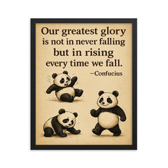inspiring quote clumsy panda rising after falling framed print on a plain backdrop in size 16"x20".