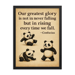 inspiring quote clumsy panda rising after falling framed print on a plain backdrop in size 18"x24".