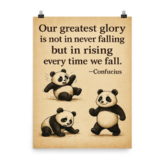 inspiring quote clumsy panda rising after falling poster on a plain backdrop in size 8"x10".