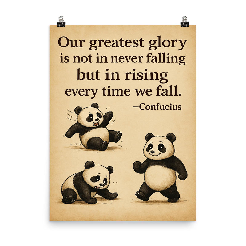 inspiring quote clumsy panda rising after falling poster on a plain backdrop in size 8
