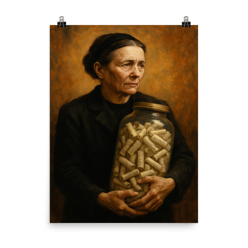 Irena Sendler carrying names in glass jars poster on a plain backdrop in size 8
