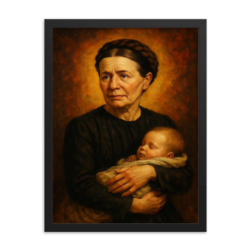 Irena Sendler framed print on a plain backdrop in size 18