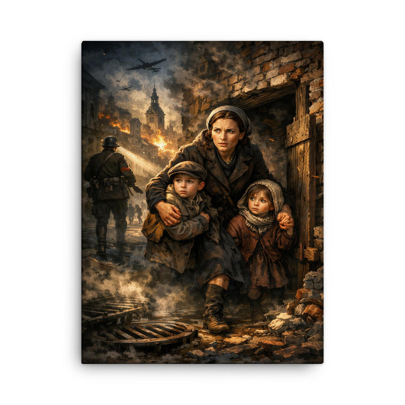 Irena Sendler smuggling children through Warsaw canvas print on a plain backdrop in size 18
