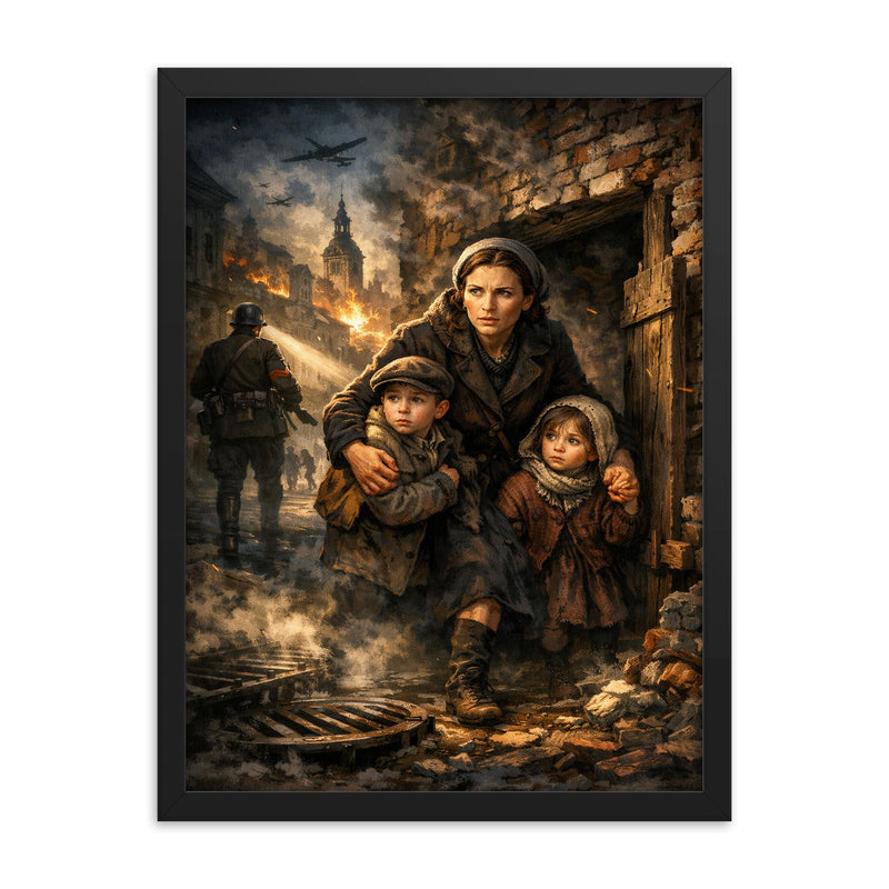 Irena Sendler smuggling children through Warsaw framed print on a plain backdrop in size 18
