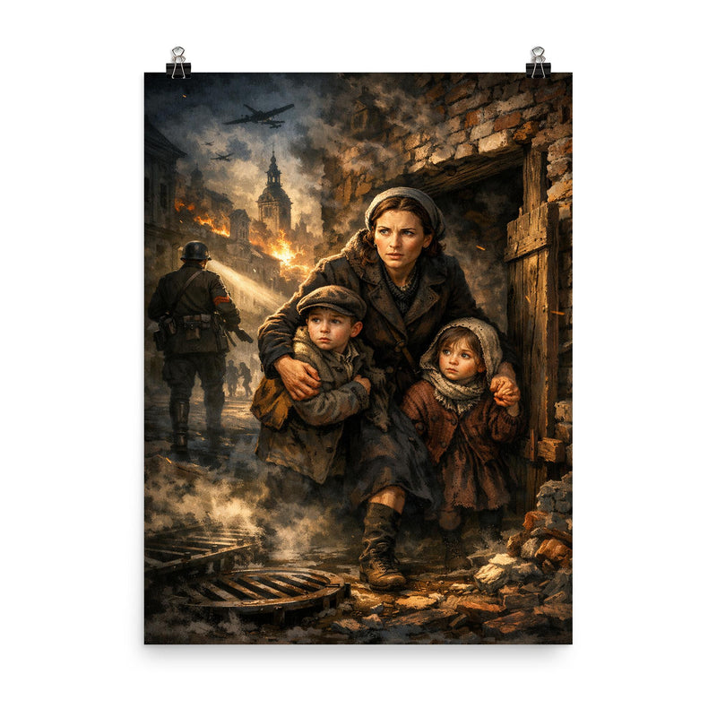 Irena Sendler smuggling children through Warsaw poster on a plain backdrop in size 8