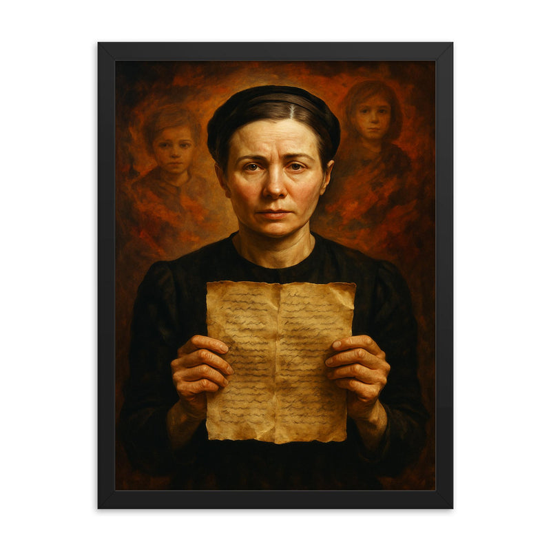 Irena Sendler with hidden child lists framed print on a plain backdrop in size 18