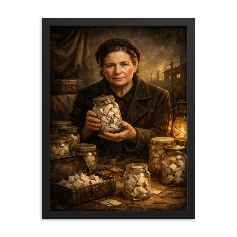 Irena Sendler with hidden names in jars framed print on a plain backdrop in size 18