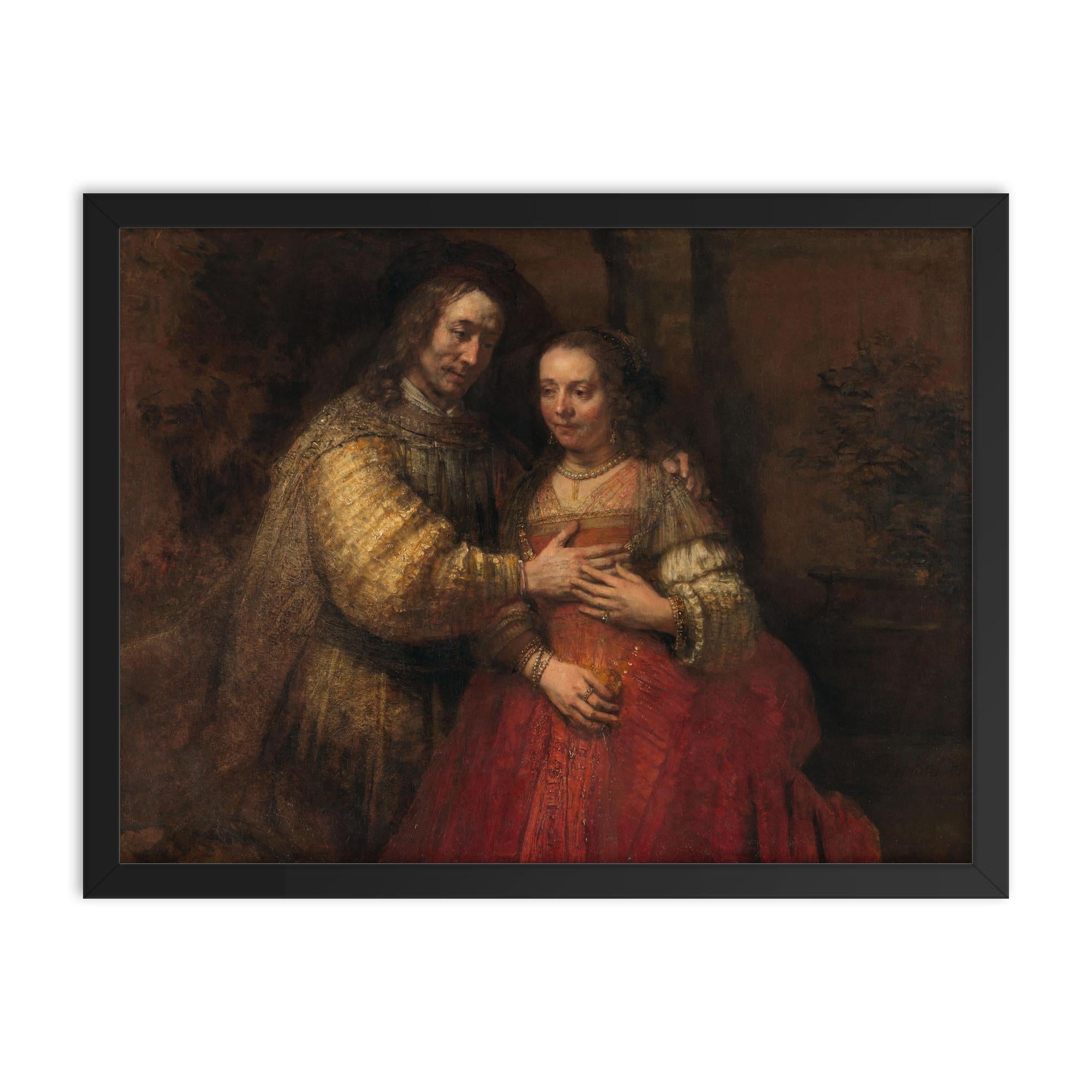 Isaac and Rebecca, Known as ‘The Jewish Bride’ by Rembrandt van Rijn framed print on a plain backdrop in size 18"x24".