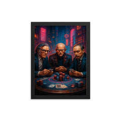 Isaac Asimov Arthur C Clarke and H G Wells at a cyberpunk poker showdown framed print on a plain backdrop in size 12"x16".