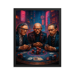 Isaac Asimov Arthur C Clarke and H G Wells at a cyberpunk poker showdown framed print on a plain backdrop in size 16"x20".