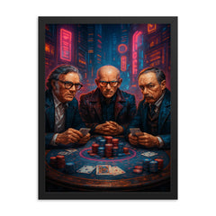 Isaac Asimov Arthur C Clarke and H G Wells at a cyberpunk poker showdown framed print on a plain backdrop in size 18"x24".