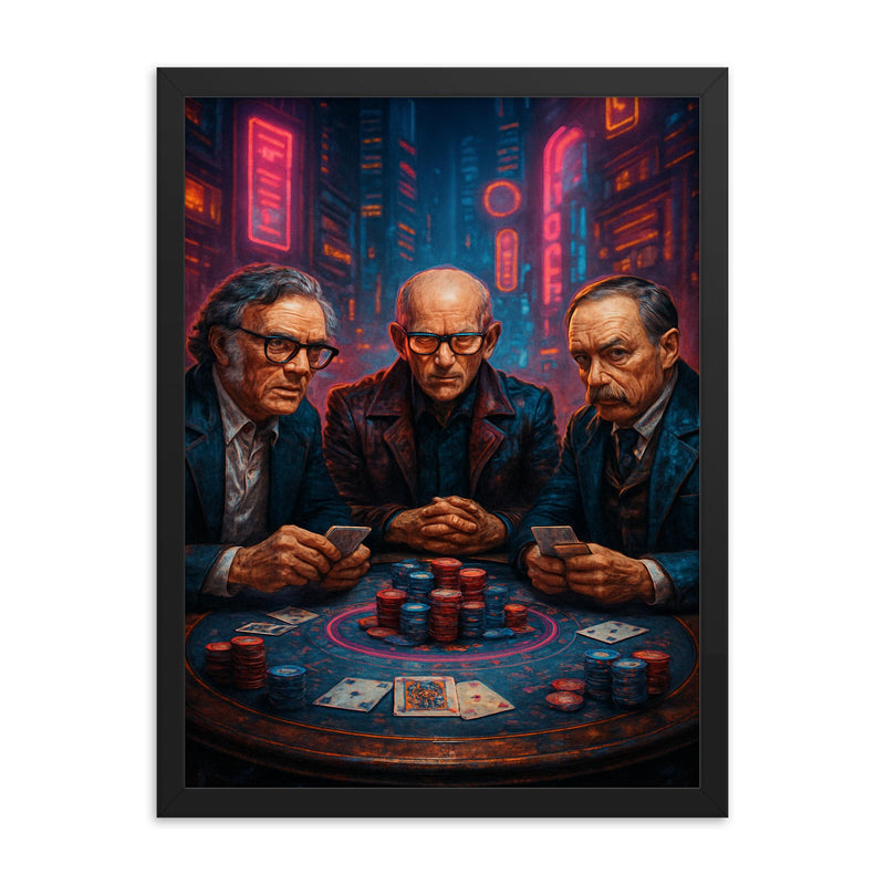 Isaac Asimov Arthur C Clarke and H G Wells at a cyberpunk poker showdown framed print on a plain backdrop in size 18