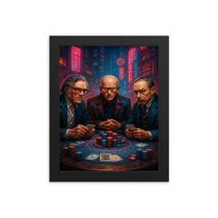 Isaac Asimov Arthur C Clarke and H G Wells at a cyberpunk poker showdown framed print on a plain backdrop in size 8"x10".
