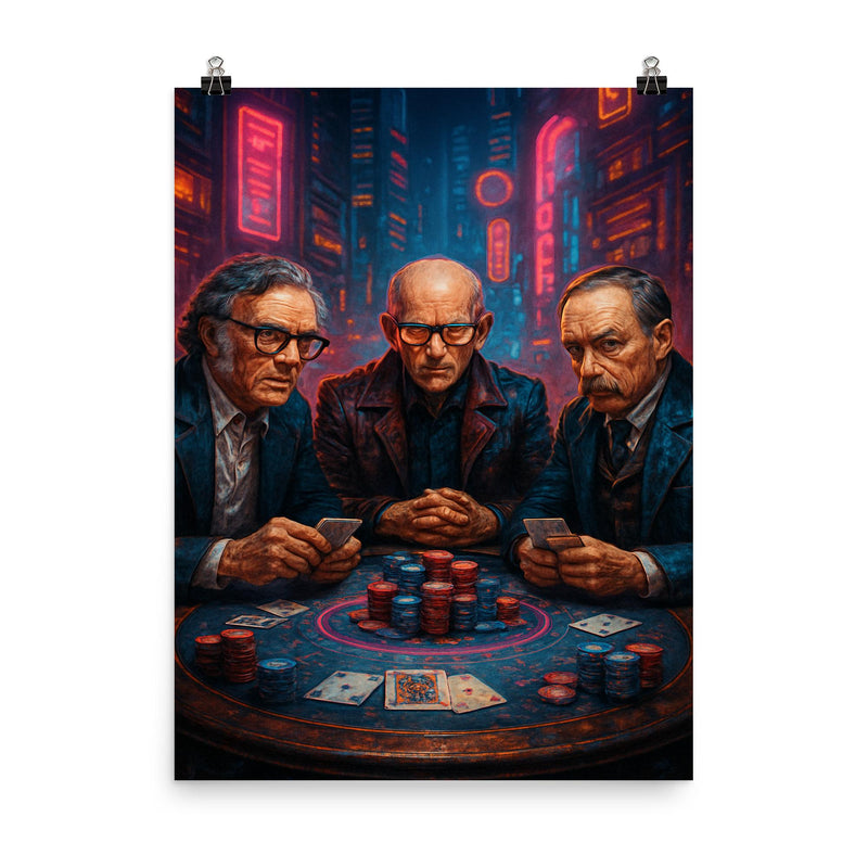 Isaac Asimov Arthur C Clarke and H G Wells at a cyberpunk poker showdown poster on a plain backdrop in size 8
