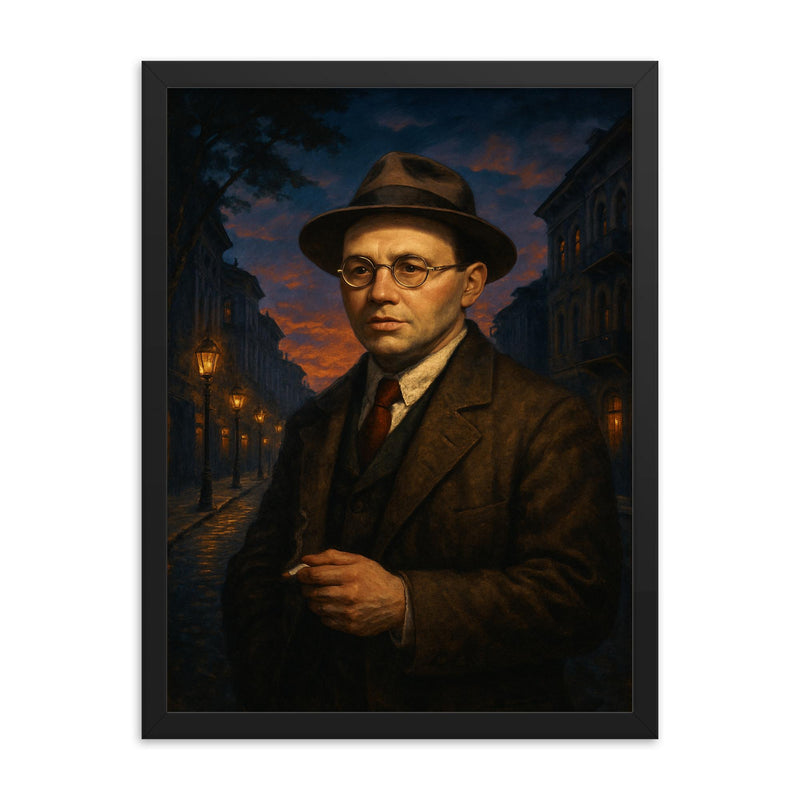 Isaac Babel in Odessa twilight framed print on a plain backdrop in size 18