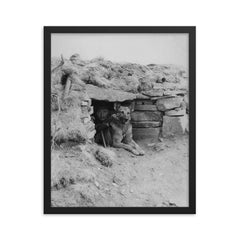 Italian Soldier with His Dog in a Ukrainian Outpost, 1942 framed print on a plain backdrop in size 16"x20".