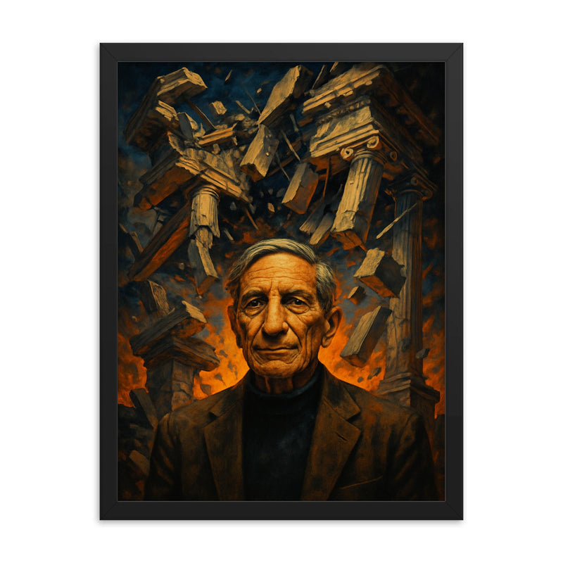 Ivan Illich beneath shattered institutional architecture framed print on a plain backdrop in size 18