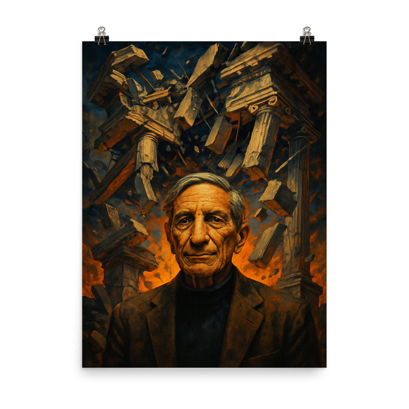 Ivan Illich beneath shattered institutional architecture poster on a plain backdrop in size 8