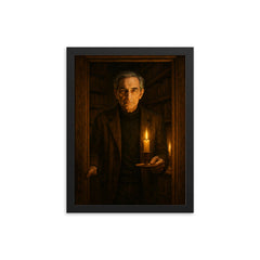 Ivan Illich in candlelit library doorway framed print on a plain backdrop in size 12"x16".