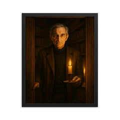 Ivan Illich in candlelit library doorway framed print on a plain backdrop in size 16"x20".