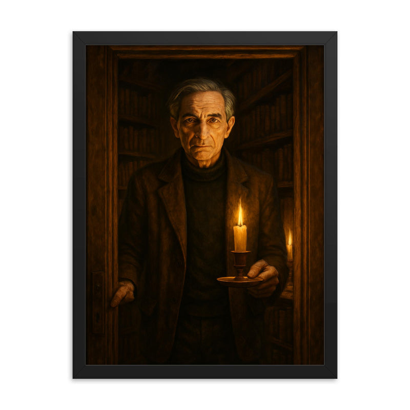 Ivan Illich in candlelit library doorway framed print on a plain backdrop in size 18