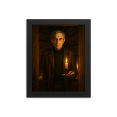 Ivan Illich in candlelit library doorway framed print on a plain backdrop in size 8"x10".