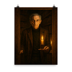 Ivan Illich in candlelit library doorway poster on a plain backdrop in size 8"x10".