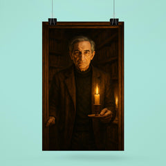 Ivan Illich in candlelit library doorway poster 6