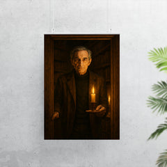Ivan Illich in candlelit library doorway poster 7