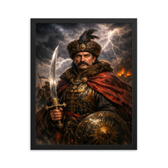 Ivan Mazepa stormlit Cossack hetman portrait framed print on a plain backdrop in size 16"x20".