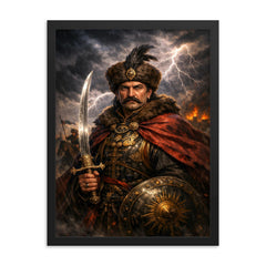 Ivan Mazepa stormlit Cossack hetman portrait framed print on a plain backdrop in size 18"x24".