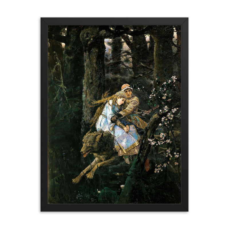 Ivan Tsarevich Riding the Gray Wolf by Viktor Vasnetsov, 1889 framed print on a plain backdrop in size 18
