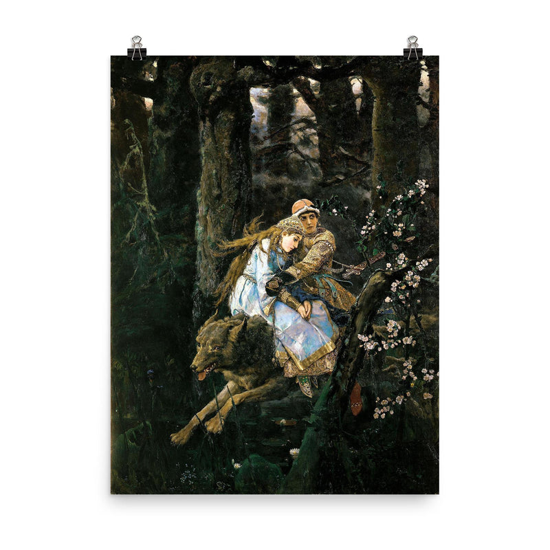 Ivan Tsarevich Riding the Gray Wolf by Viktor Vasnetsov, 1889 poster on a plain backdrop in size 8