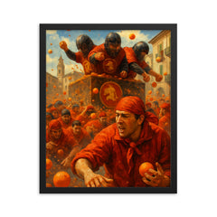 Ivrea Battle of the Oranges Italy framed print on a plain backdrop in size 16"x20".
