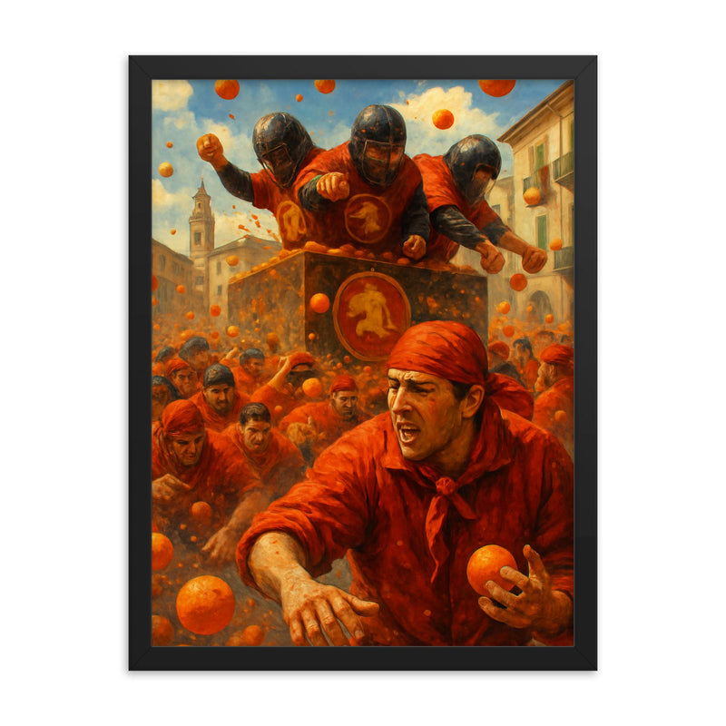 Ivrea Battle of the Oranges Italy framed print on a plain backdrop in size 18