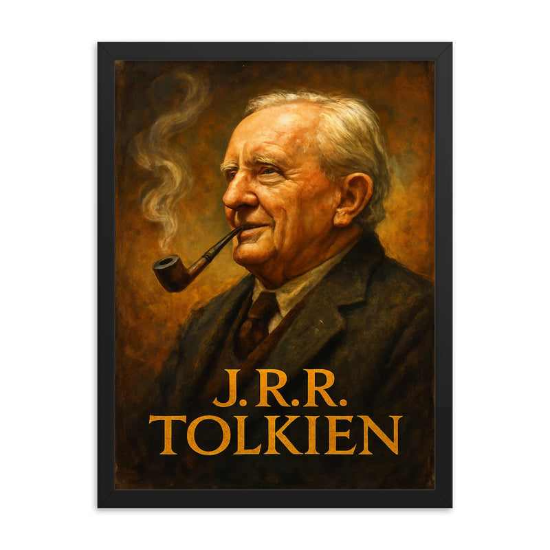J R R Tolkien framed print on a plain backdrop in size 18
