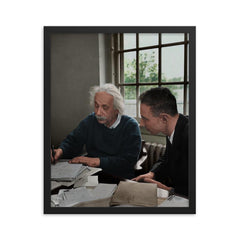 J. Robert Oppenheimer and Albert Einstein, 1947 framed print on a plain backdrop in size 16"x20".