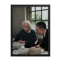 J. Robert Oppenheimer and Albert Einstein, 1947 framed print on a plain backdrop in size 18"x24".