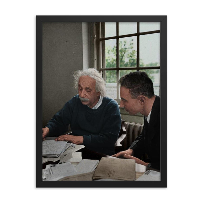 J. Robert Oppenheimer and Albert Einstein, 1947 framed print on a plain backdrop in size 18