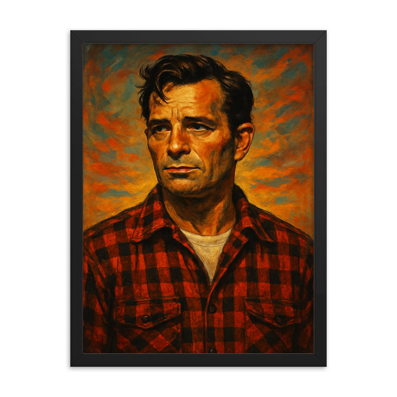 Jack Kerouac framed print on a plain backdrop in size 18