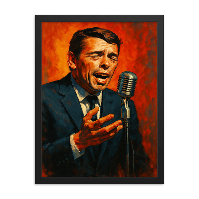 Jacques Brel framed print on a plain backdrop in size 18