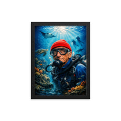 Jacques Cousteau in red cap underwater framed print on a plain backdrop in size 12"x16".