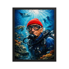 Jacques Cousteau in red cap underwater framed print on a plain backdrop in size 16"x20".