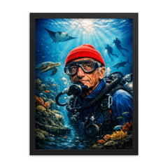 Jacques Cousteau in red cap underwater framed print on a plain backdrop in size 18"x24".
