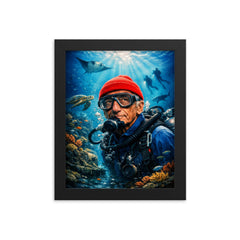 Jacques Cousteau in red cap underwater framed print on a plain backdrop in size 8"x10".