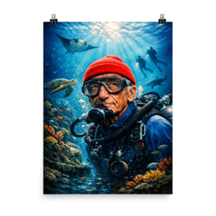 Jacques Cousteau in red cap underwater poster on a plain backdrop in size 8"x10".