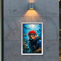 Jacques Cousteau in red cap underwater poster 2